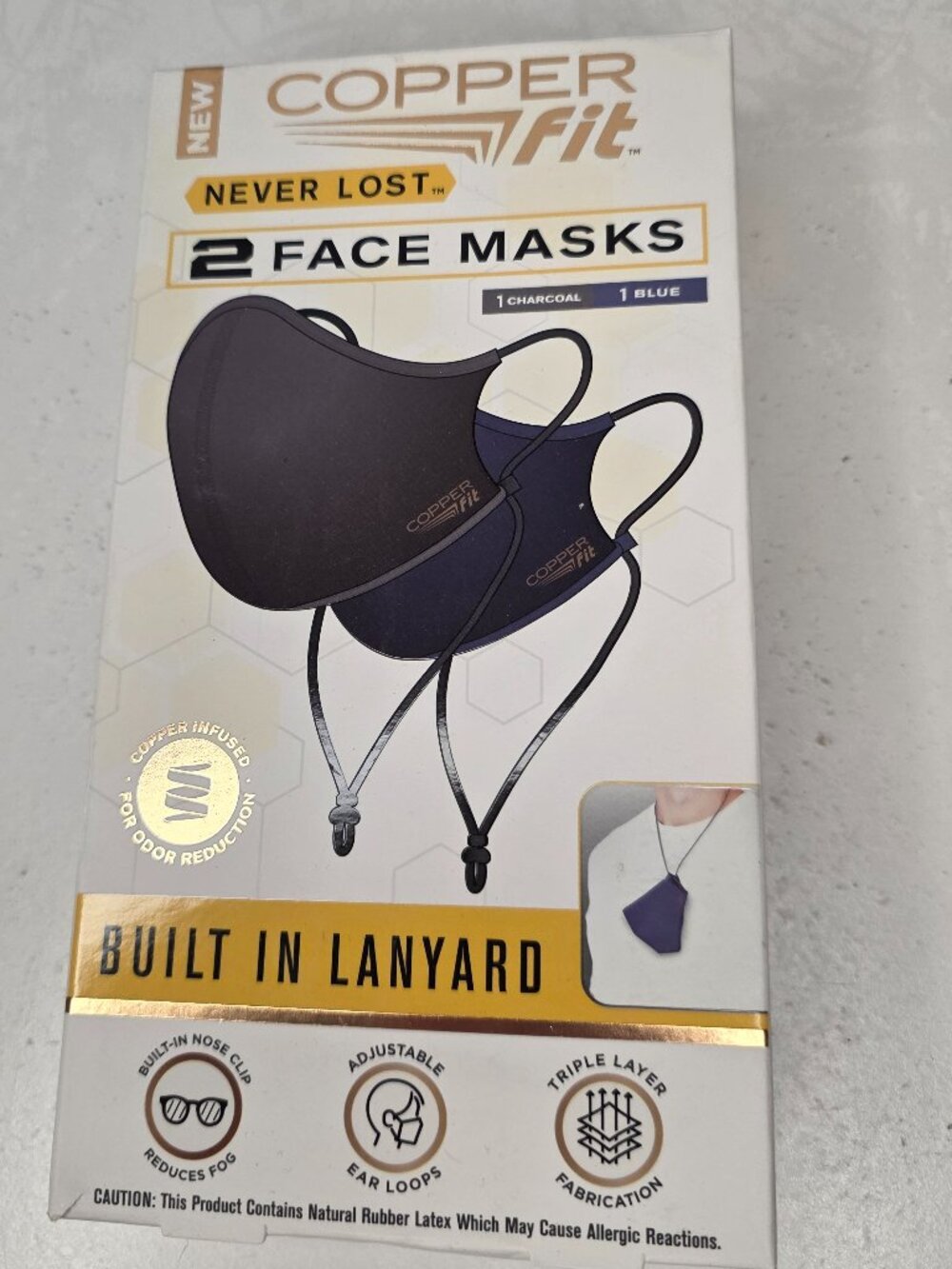 Copper Fit Never Lost Box of Two Face Masks One Size NIB